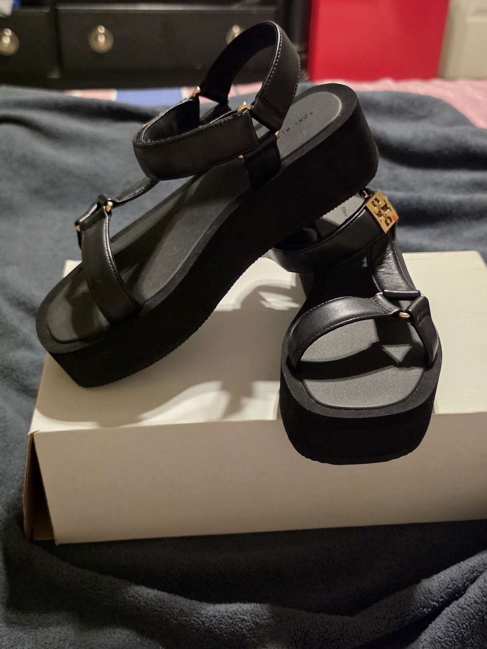 Tory Burch Black Platform Sandals with Gold Logo Accent